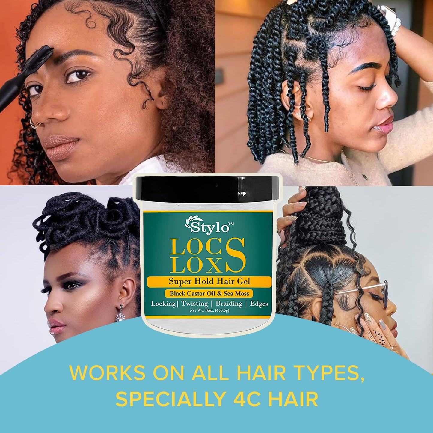 J. AMILA Stylo Locs Gel 16oz - High Hold Braiding & Retwisting Gel for Locs, Dreads & Edges - Infused with Castor Oil & Sea Moss for Strong Hold