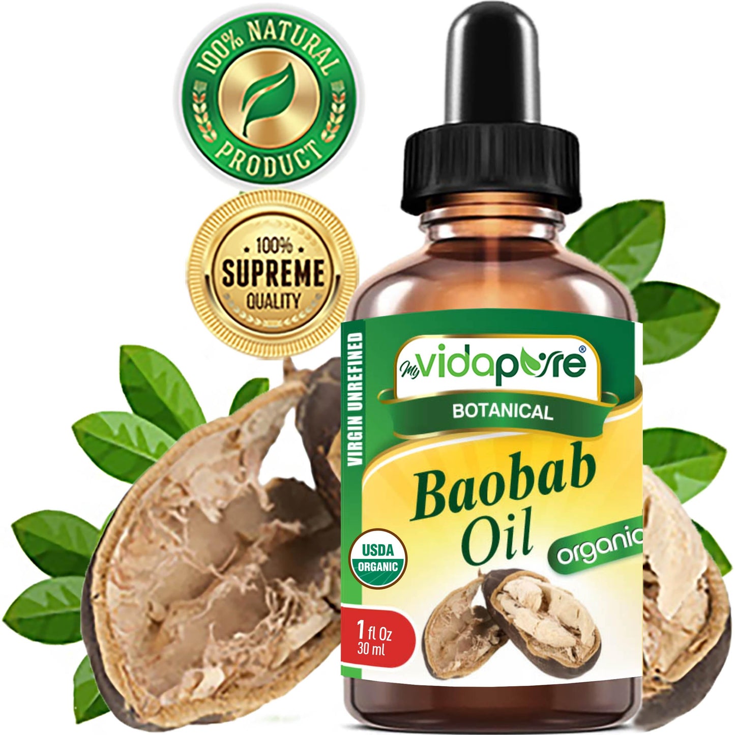 MYVIDAPURE Organic BAOBAB OIL Certified Organic 100% Natural Pure VIRGIN UNREFINED for Skin, Face, Hair, Lip and Nail Care (1 Fl Oz)