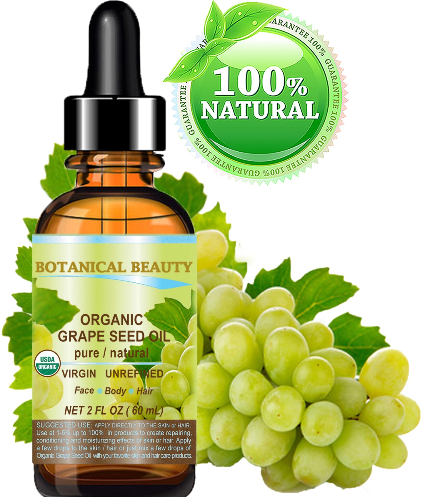 Botanical Beauty Organic GRAPE SEED OIL 100% Pure Natural VIRGIN UNREFINED Cold-Pressed Carrier Oil for Face, Skin, Body, Hair, Lip, Nails, Massage