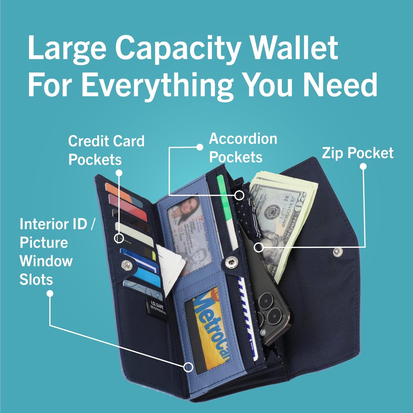 nautica money manager womens slim compact rfid blocking credit card holder clutch wallet organizer with zipper coin purse and phone compartment in…