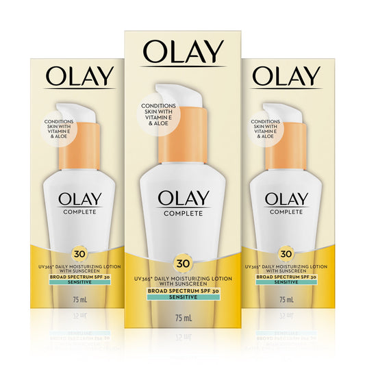 Olay Complete Lotion Moisturizer with Sunscreen SPF 30 Sensitive, 2.53 Fluid Ounce, Pack of 3