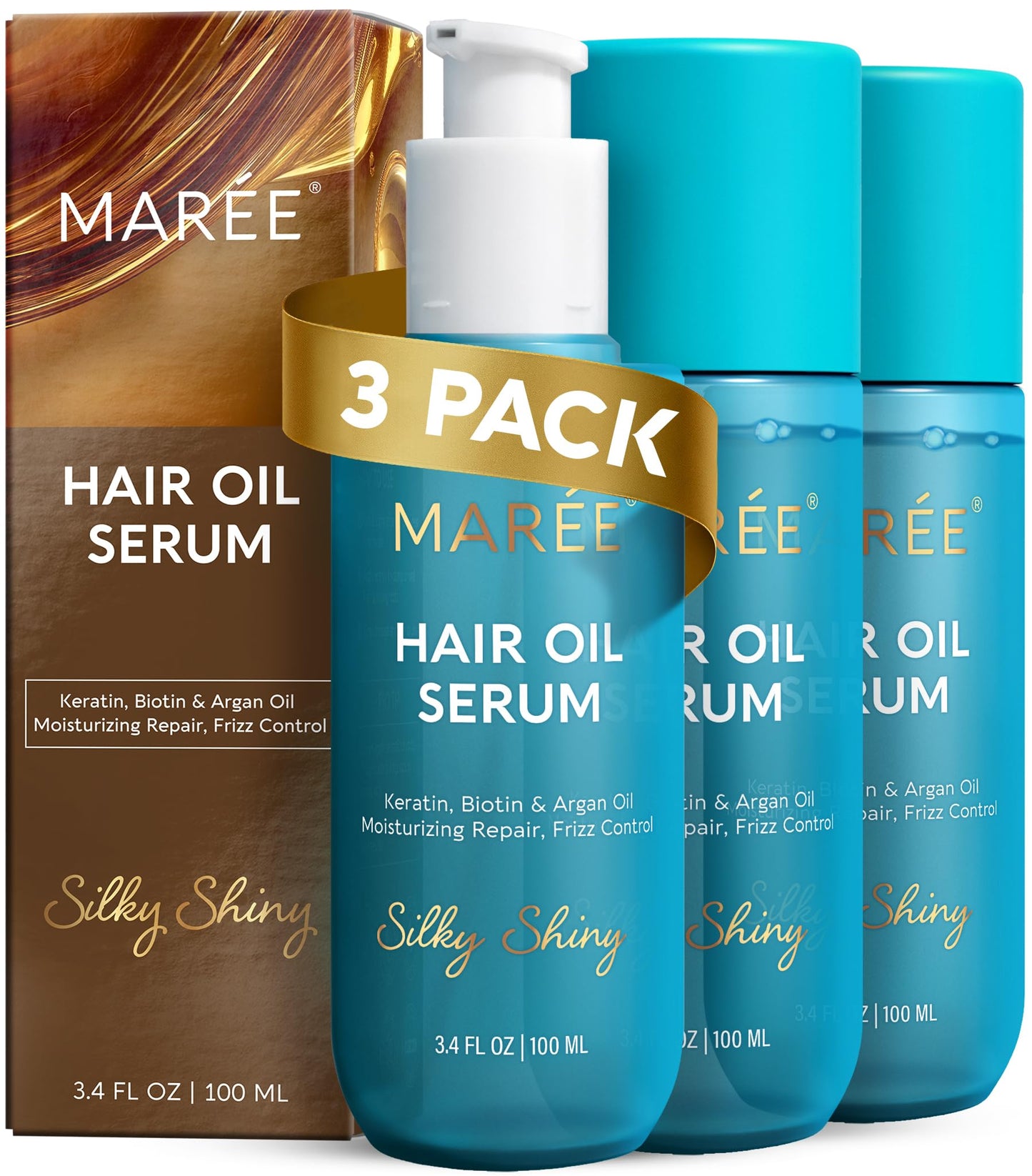 MAREE Hair Oil for Frizzy Hair with Argan Oil, Keratin & Biotin 3 PACK - Hair Serum for Dry and Curly Hair Gloss - Frizz Control Hair Care Products Beauty and Personal Care MAREE