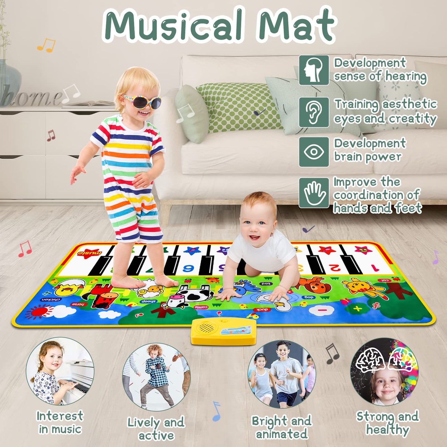 M SANMERSEN 53" Piano Mat – Musical Floor Playmat with 8 Animal Sounds, Dance Keyboard Toy for Toddlers, Boys & Girls Ages 1–5