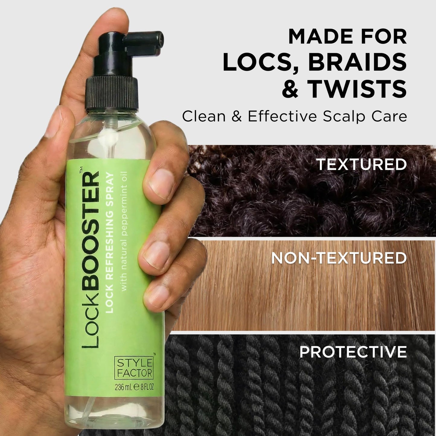 Style Factor LockBOOSTER Lock Refreshing Spray - Hydrating & Cooling Mist for Braids, Locs & Twists - Alcohol-Free Formula with Peppermint -Refresh