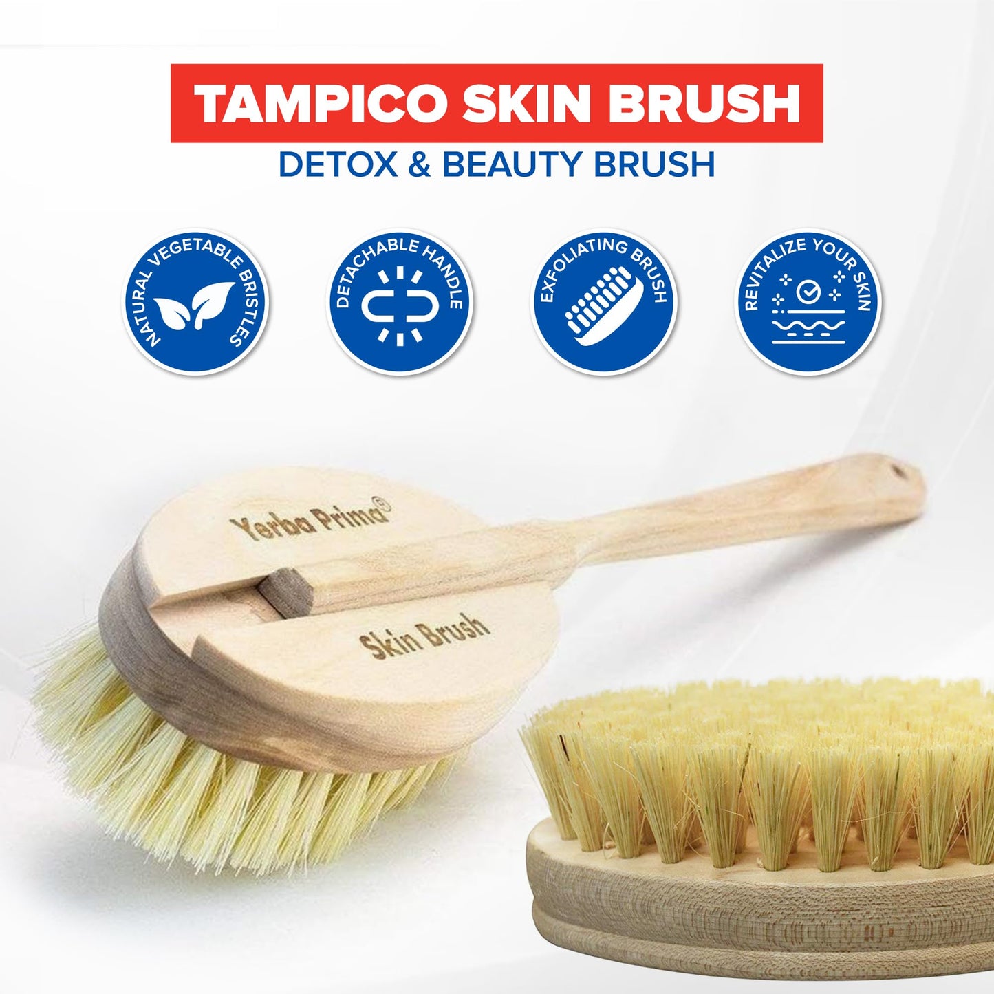 Yerba Prima Tampico Skin Brush for Exfoliation, Dry Brushing, and Blood Circulation with Natural Fiber Bristles and an All-Natural Maple Wood Handle