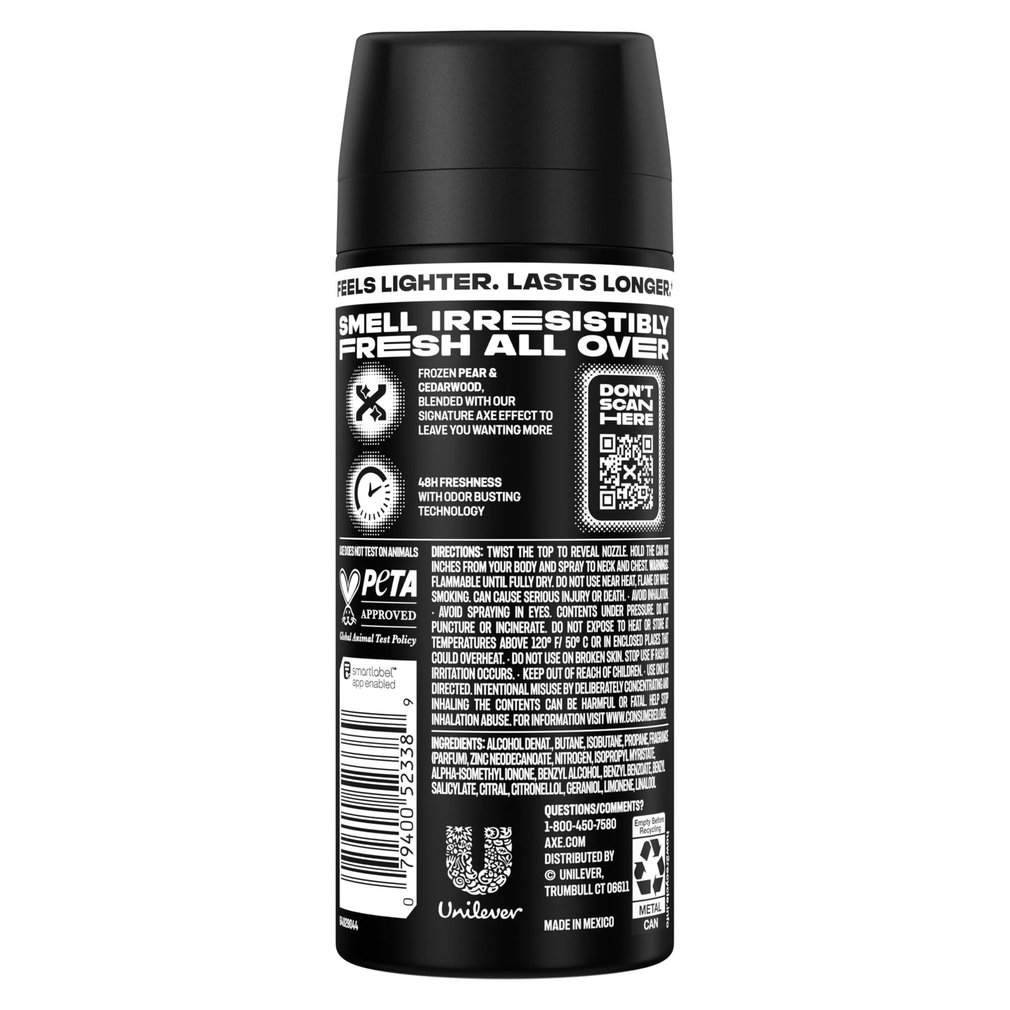 AXE Body Spray 4 Count Black 48 Hour All Over Fresh Aluminum Free 2.9 oz Beauty and Personal Care AXE