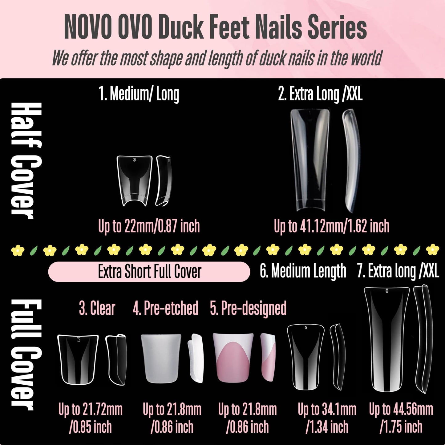 NOVO OVO 550 pcs Transparent Clear Crystal Duck Feet Style Flare Nail Tips Y2K Vibe Half Cover C Curve Wide French False Nail Extension Tips Acrylic