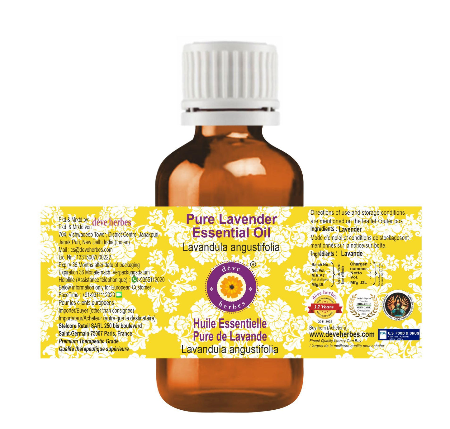 dève herbes Lavender Essential Oil (Lavandula angustifolia) Pure - Non-Sticky - Non-Greasy - Lightweight - Men & Women - All Skin Types - Steam Beauty and Personal Care dève herbes