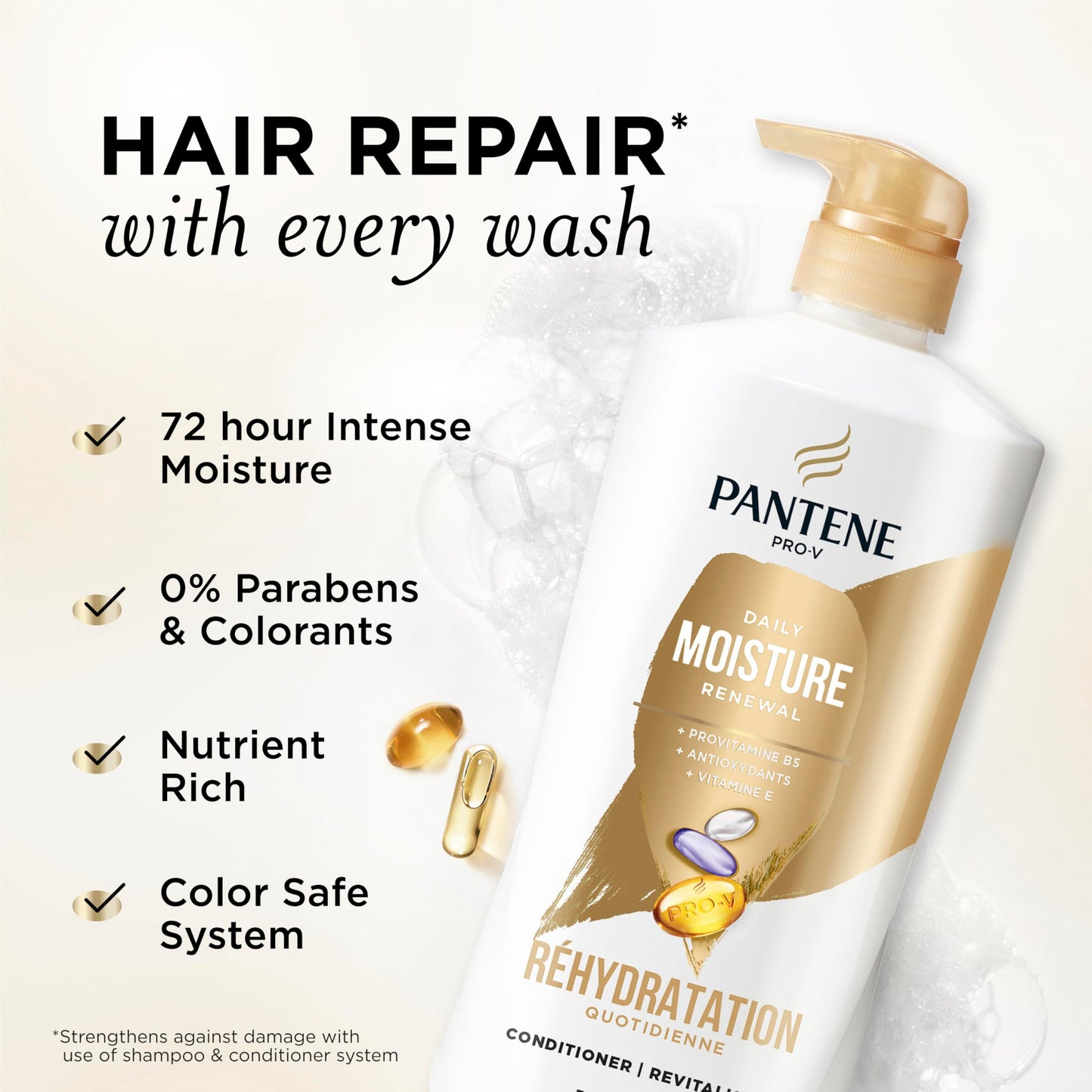Pantene Shampoo & Conditioner Set, Daily Moisture Renewal with Vitamin E - Pro-V Nutrients for Dry, Color-Treated, Straight to Curly Hair, 72-Hour