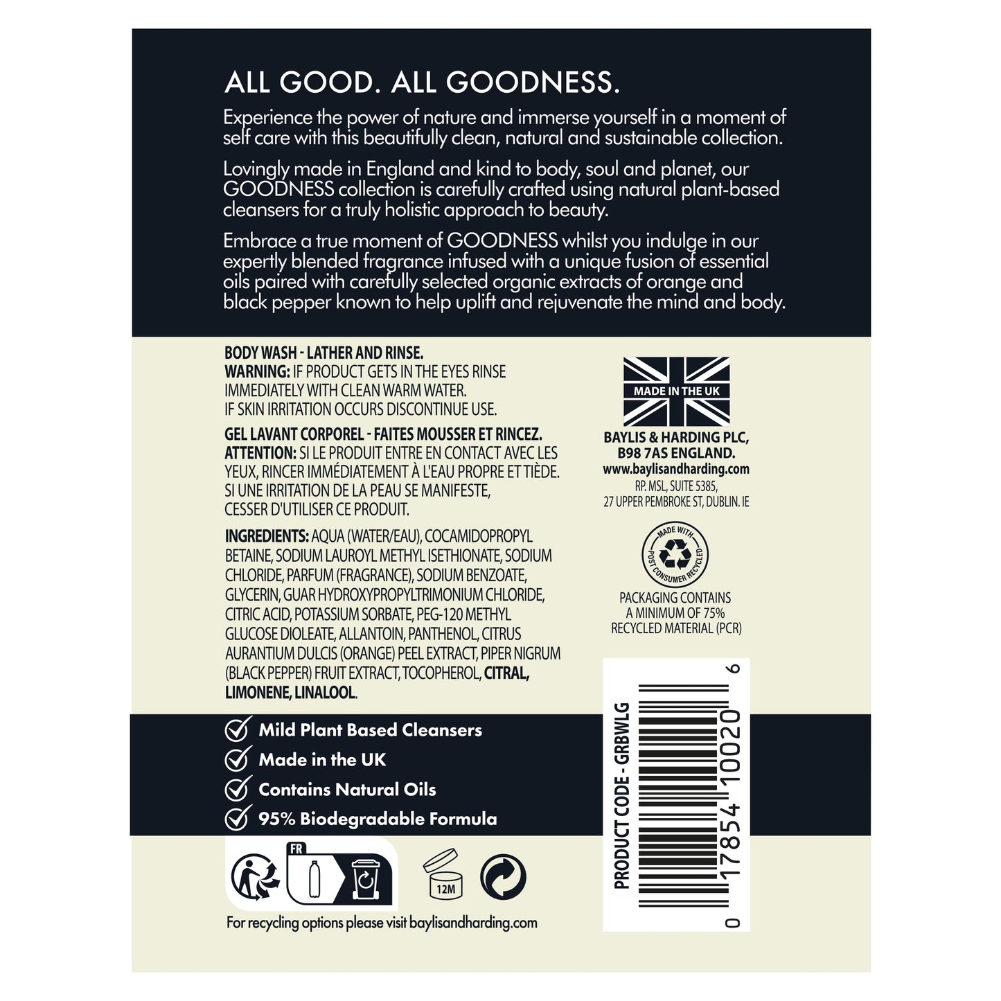 Baylis & Harding Liquid Body Wash Soap, Goodness, Lemongrass & Ginger, 16.9oz/500ml