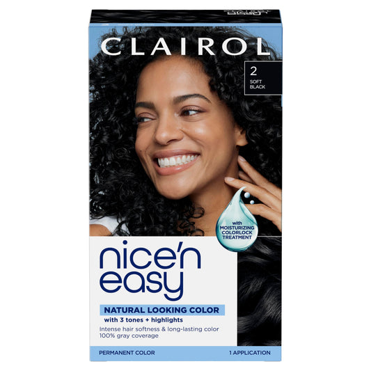 Clairol Nice'n Easy Permanent Hair Dye, 2 Black | 100% Gray Coverage | Long?Lasting, Natural?Looking Color & Shine | Pack of 1
