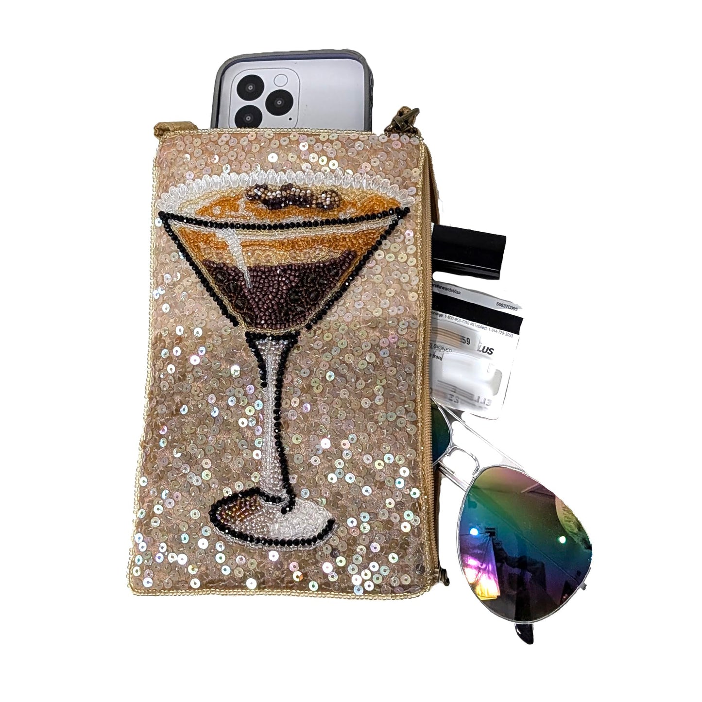 Cocktails Anyone Espresso Martini Beaded Phone Crossbody Bag: Unique Club Accessory, Stylish Mini Handbag for Women