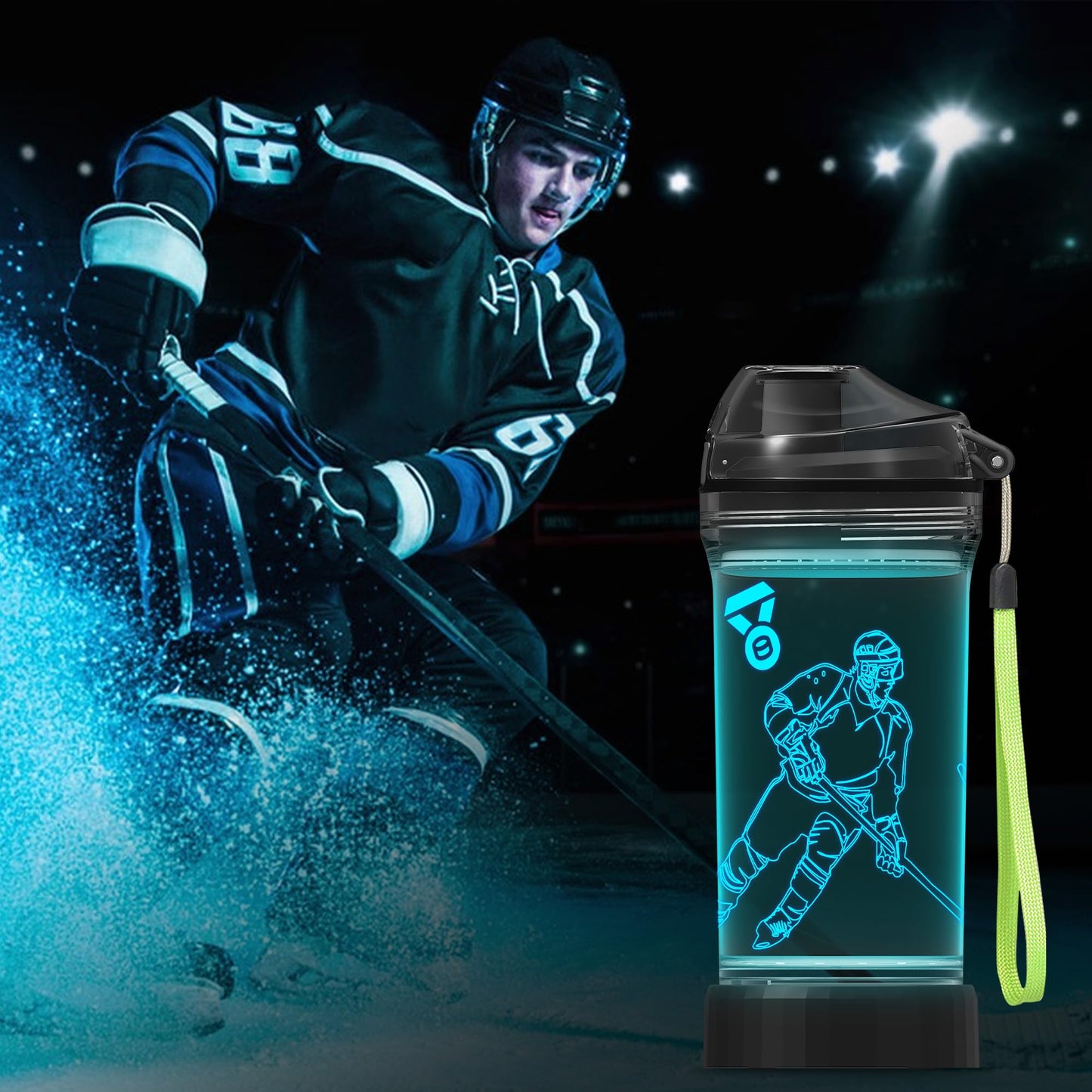 CoolGift Mart Hockey Gifts, Light Up 3D Hockey Player Water Bottle, 14oz Tritan BPA Free - Best Gift for 4 5 6 7-Year-Old Boys Girls- Kids Drinking