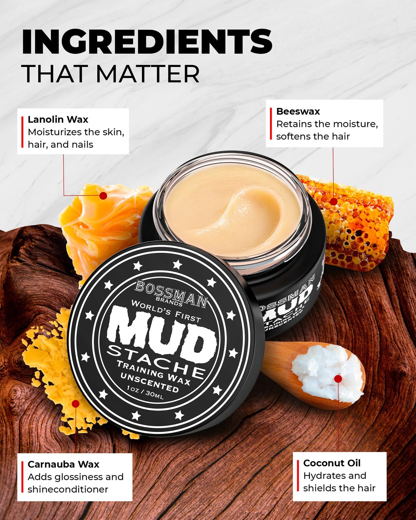 Bossman MUDstache Unscented Mustache Wax for Men (2 oz) - 2 Pack - Strong 24-Hour Hold, Non-Tacky & Easy to Apply for Taming & Styling