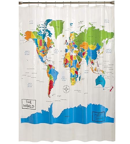 SKL Home The World Map Waterproof PEVA Shower Curtain, Educational/Geography/Kids Bath, Clear/Multi