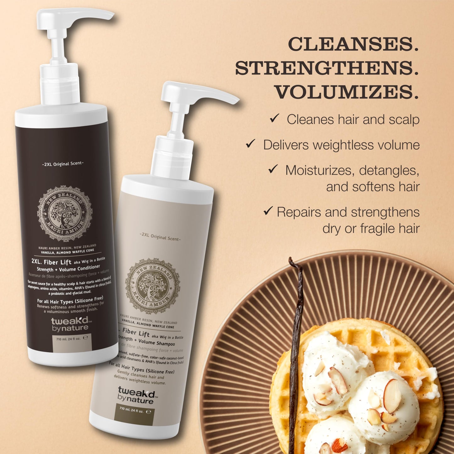 Tweak’d by Nature - 2XL Fiber Lift Volumizing and Thickening Shampoo and Conditioner Set, Multitasking Shampoo and Vanilla Body Wash, Non Toxic