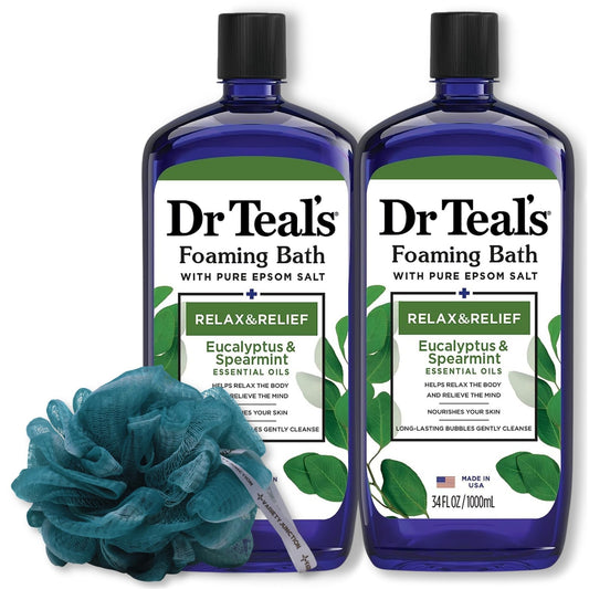Dr. Teal's Eucalyptus and Spearmint Foaming Bath 34oz Bottles (Pack of 2) with Variety Junction Premium Bath Sponge - Relax and Relief, Bubble Bath Beauty and Personal Care Variety Junction