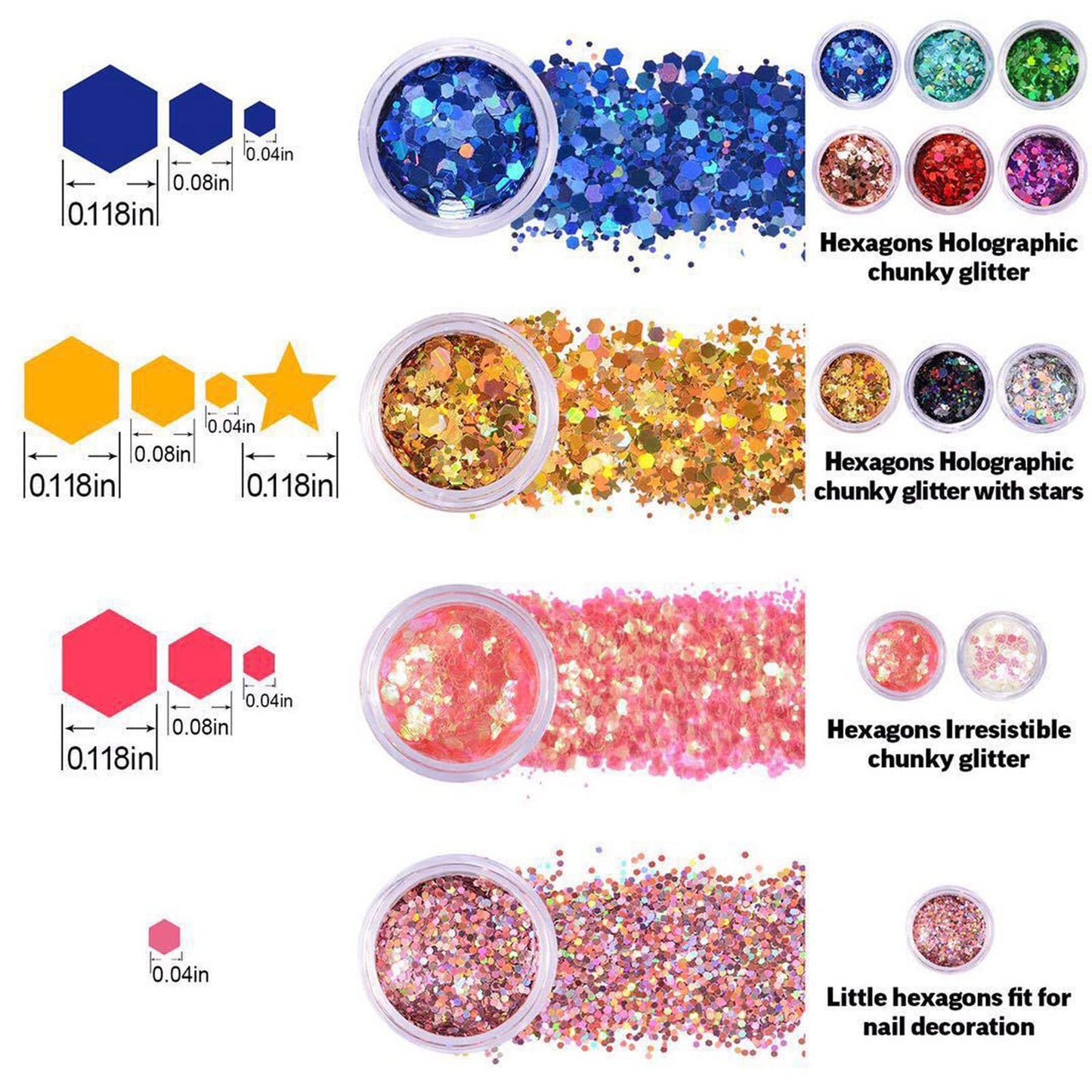 12 Jars Glitter for Body Face Hair Eye Party Beauty Makeup Temporary Tattoos 12 Colors Eyeshadow Nail Art Pigment Glitter (12)
