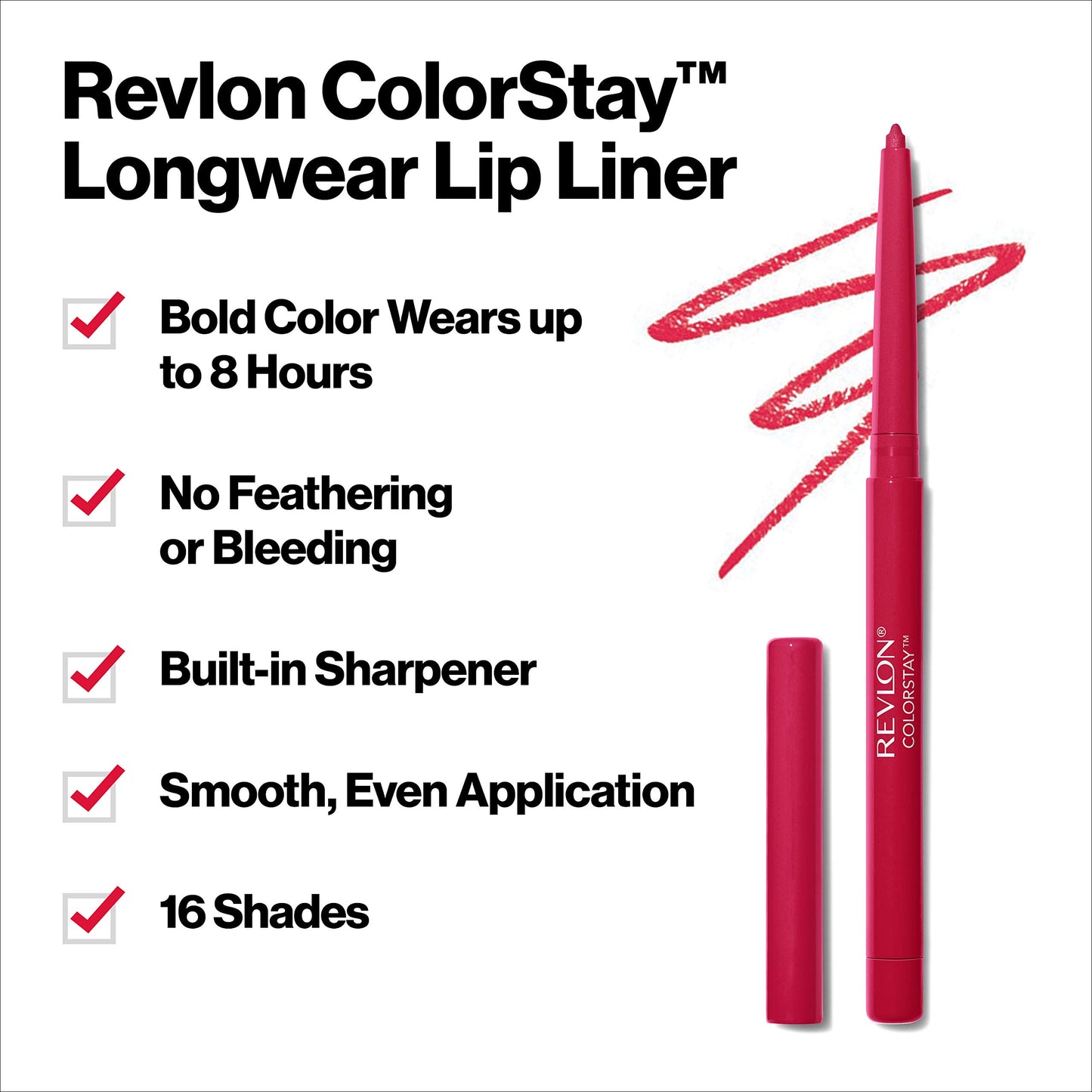 Revlon Lip Liner, Colorstay Lip Makeup with Built-in-Sharpener, Longwear Rich Lip Colors, Smooth Application, 677 Fuchsia, 0.01 oz