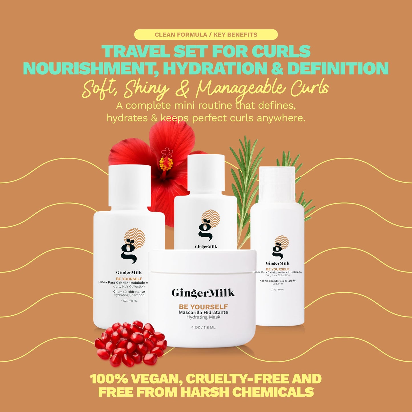 GINGER MILK Curly Hair Travel Set | Curly Method Kit with Shampoo, Hair Mask, Leave-In & Curl Defining Gel + Free Travel Bag | Nourishes, Hydrates