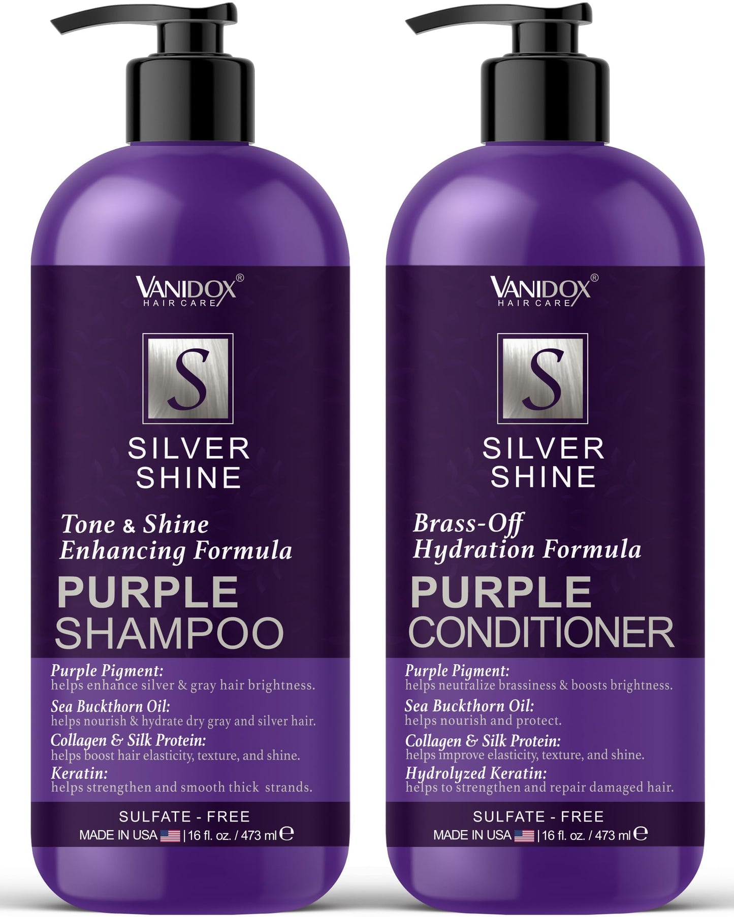 VANIDOX Sulfate Free Brass Toning Purple Shampoo and Conditioner Set for Grey and Silver Hair, Moisturizing & Color-Safe, Enhances Shine & Brightness