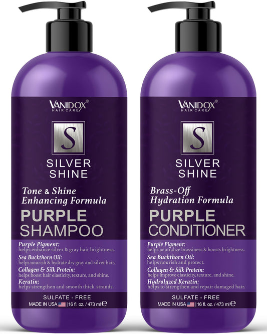 VANIDOX Sulfate Free Brass Toning Purple Shampoo and Conditioner Set for Grey and Silver Hair, Moisturizing & Color-Safe, Enhances Shine & Brightness
