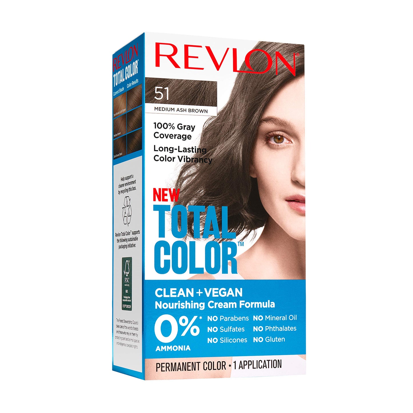 Revlon Total Color Permanent Hair Color, Clean and Vegan, 100% Gray Coverage Hair Dye, 51 Medium Ash Brown, 3.5 oz