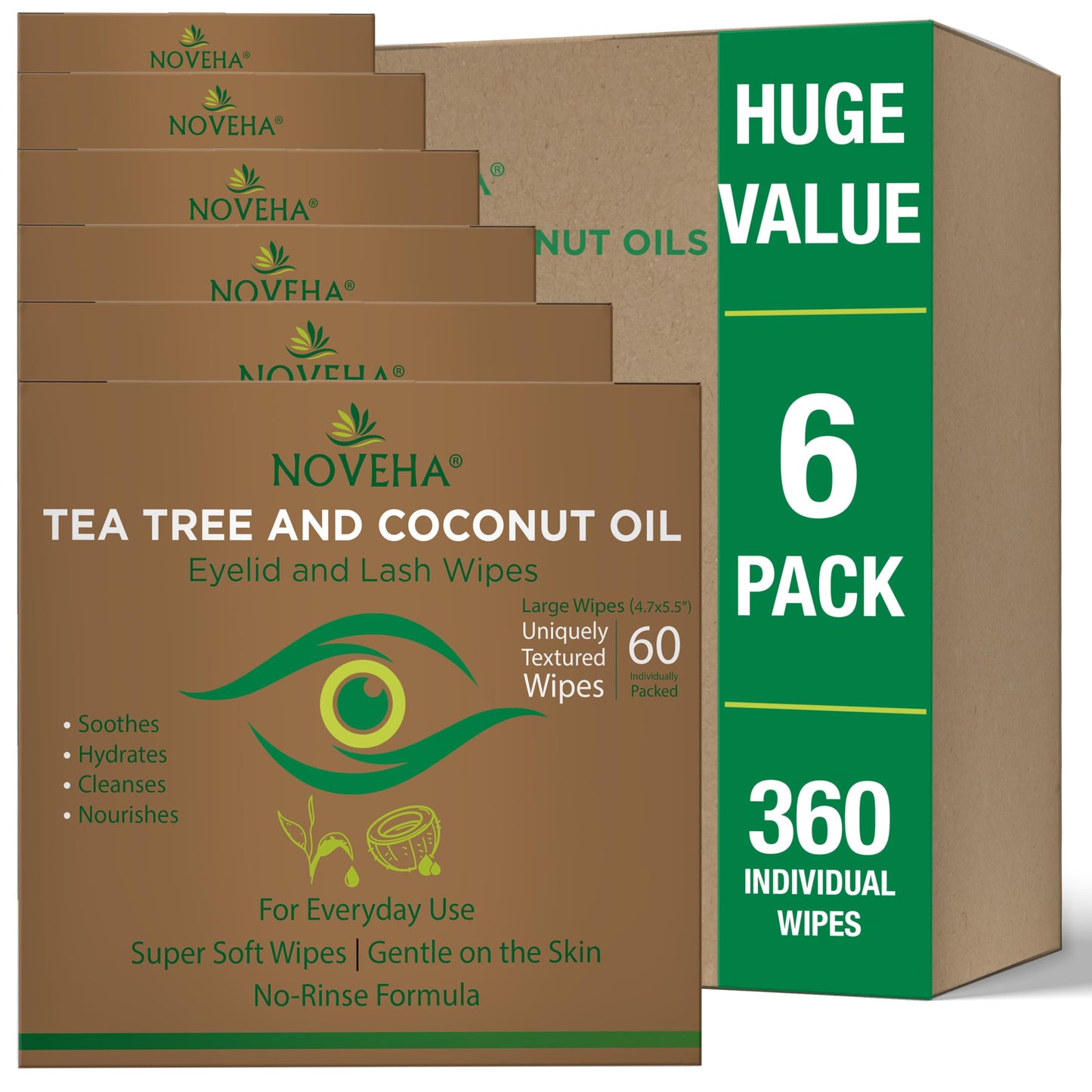 NOVEHA 360PCs Tea Tree & Coconut Oil Eyelid & Lash Wipes | For Demodex, Blepharitis & Itchy Eyes, Box Of 60 Individually Wrapped Eyelash Wipes Beauty and Personal Care NOVEHA Default Title