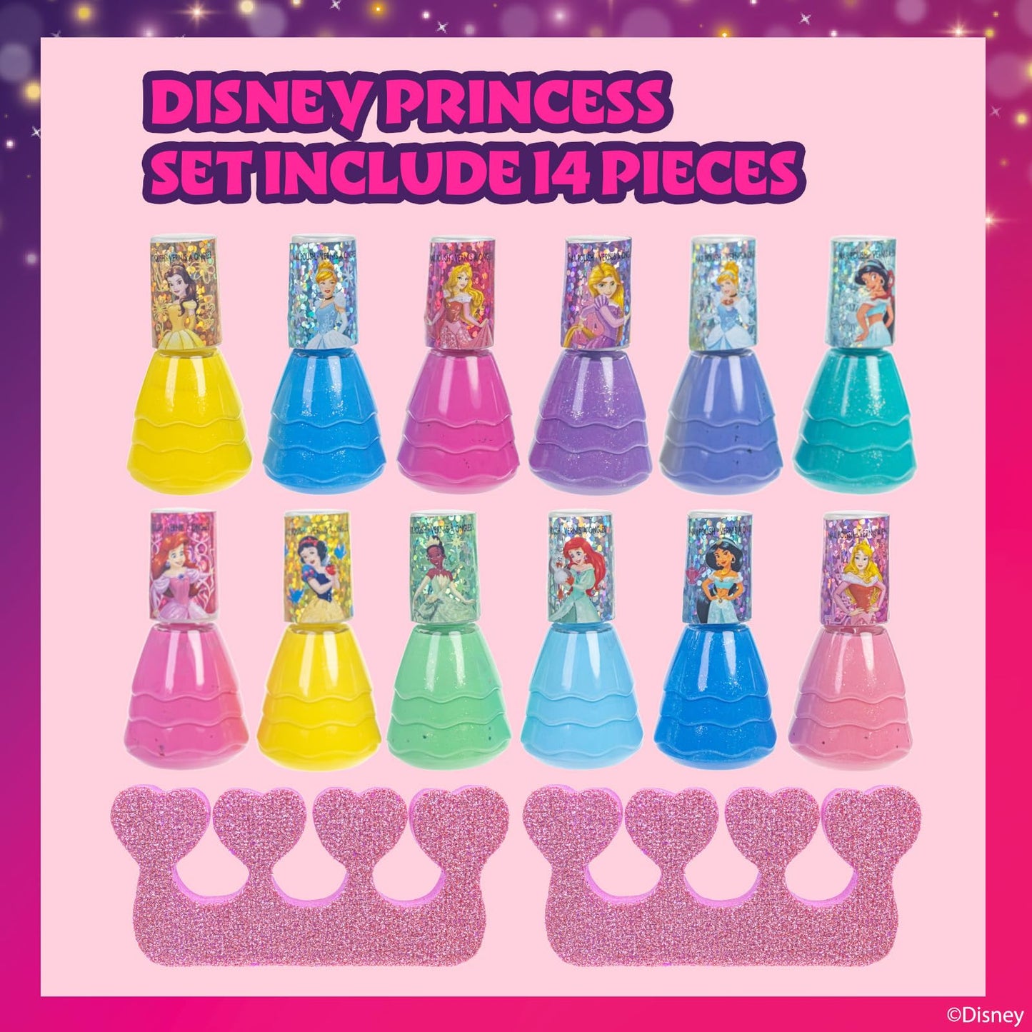 Townley Girl Disney Princess Non-Toxic Water-Based Peel-Off Quick Dry Nail Polish with Nail Separators|Gift Kit Set for Kids Girls|14 Pc Set - Perfect
