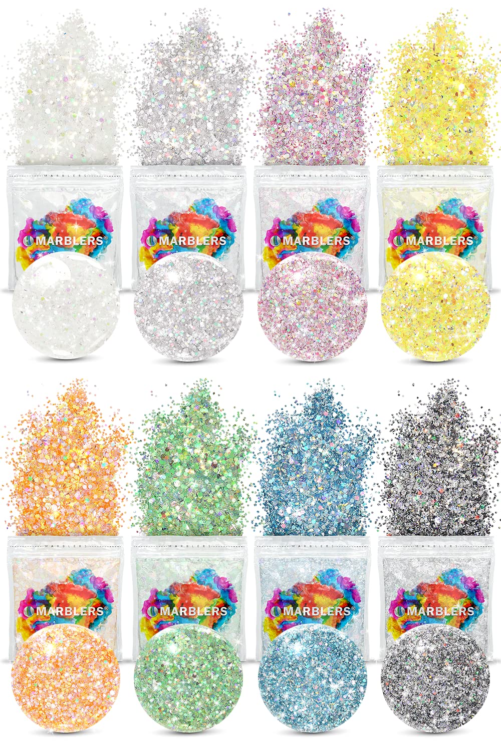 MARBLERS Holographic Glitter [Mixed 8 Color Set] 4oz (112g) | Chunky | Non-Toxic, Vegan, Cruelty-Free | Face, Body, Eyeshadow, Hair, Party Makeup |