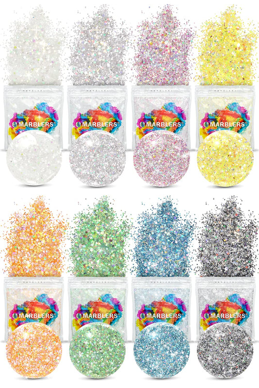 MARBLERS Holographic Glitter [Mixed 8 Color Set] 4oz (112g) | Chunky | Non-Toxic, Vegan, Cruelty-Free | Face, Body, Eyeshadow, Hair, Party Makeup |