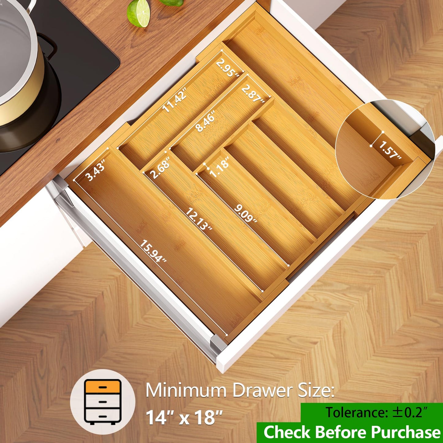 Pipishell Bamboo Expandable Silverware Organizer – Large Utensil Drawer Tray for Spoons, Forks, Knives & Multipurpose Kitchen Use, Natural