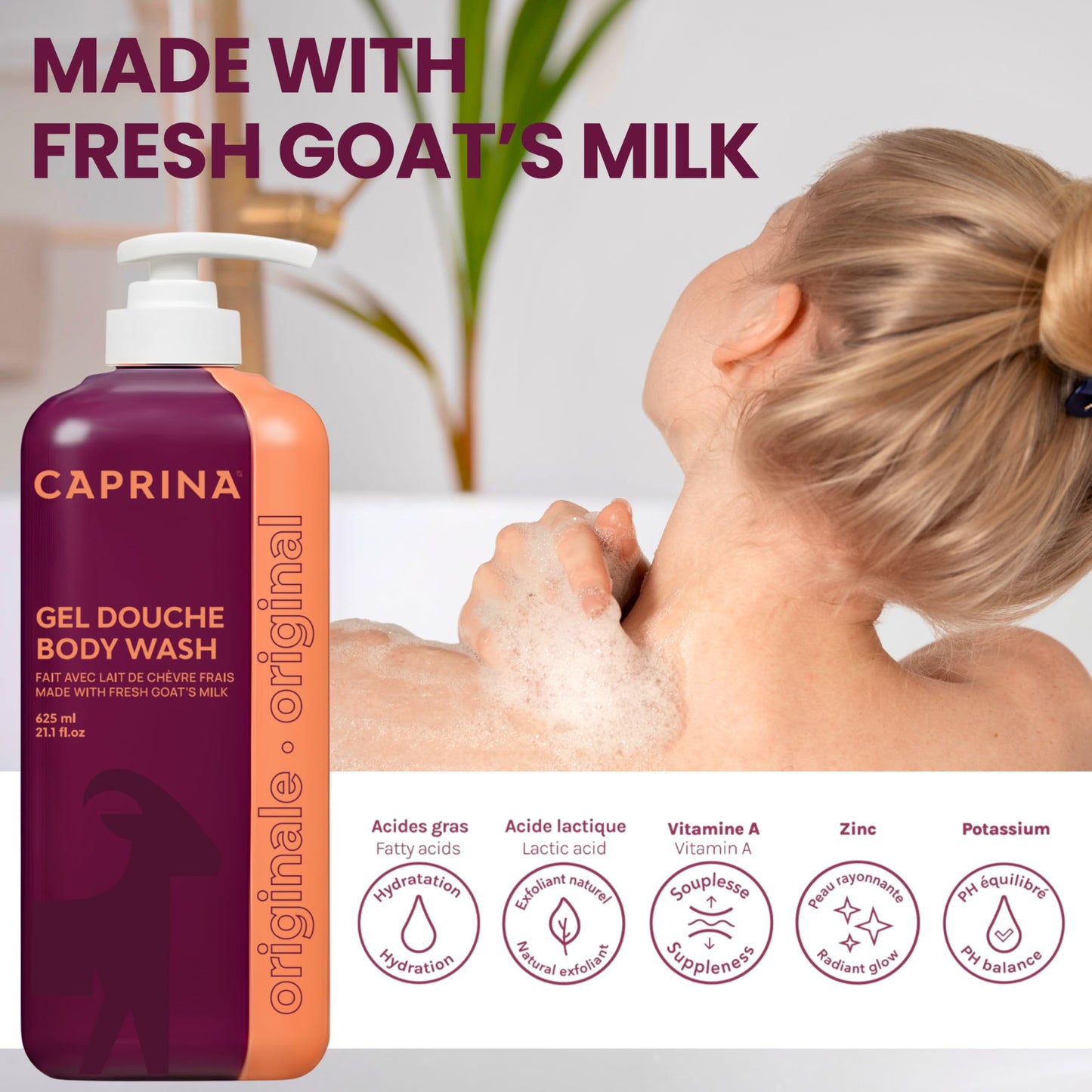 Caprina by Canus Goat Milk Body Wash, ORIGINAL, 625 ml (21.1 fl oz), Moisturizing Daily Cleanser, Rich Creamy Lather, Made in Canada