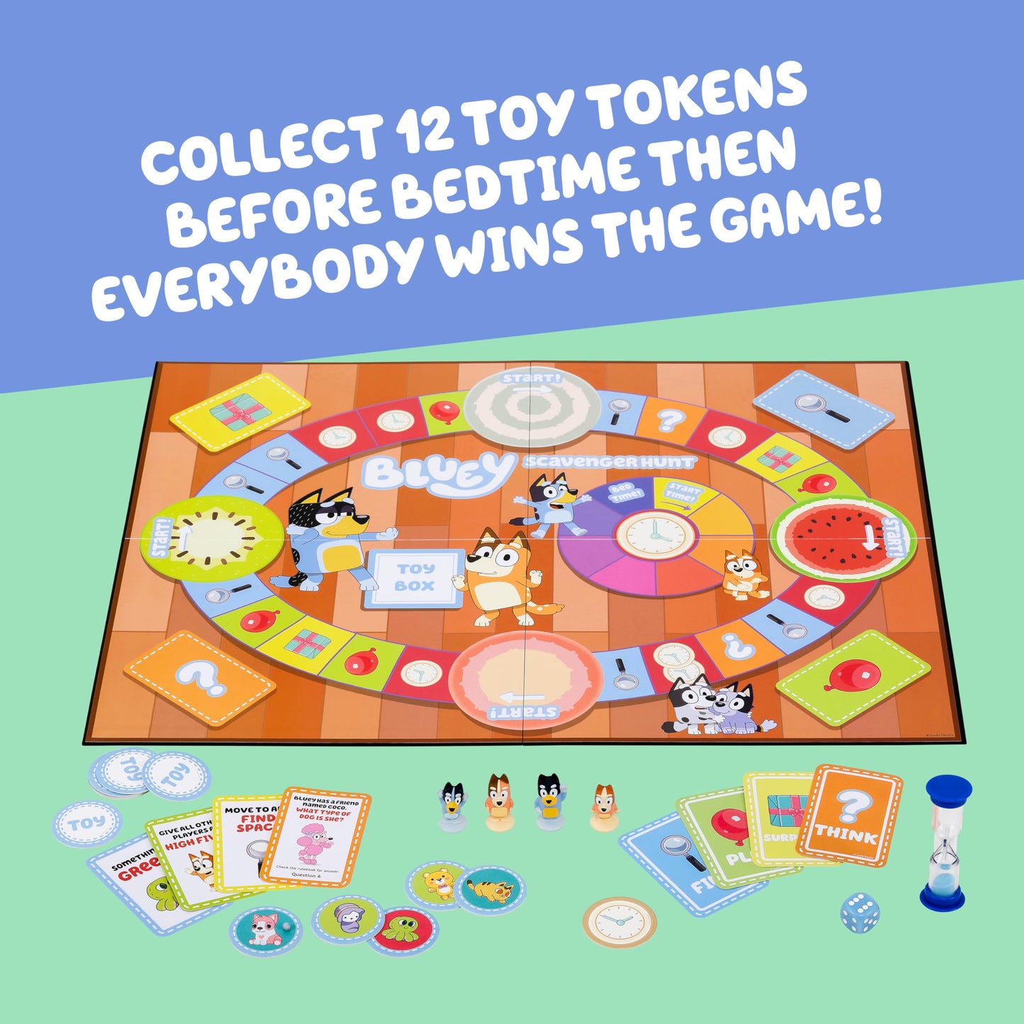 Bluey Scavenger Hunt Board Game, Cooperative Play with 4 Exclusive Mini-Figures, Learning Toys for 5+ Year Old, Fun Toy Token Collecting Game