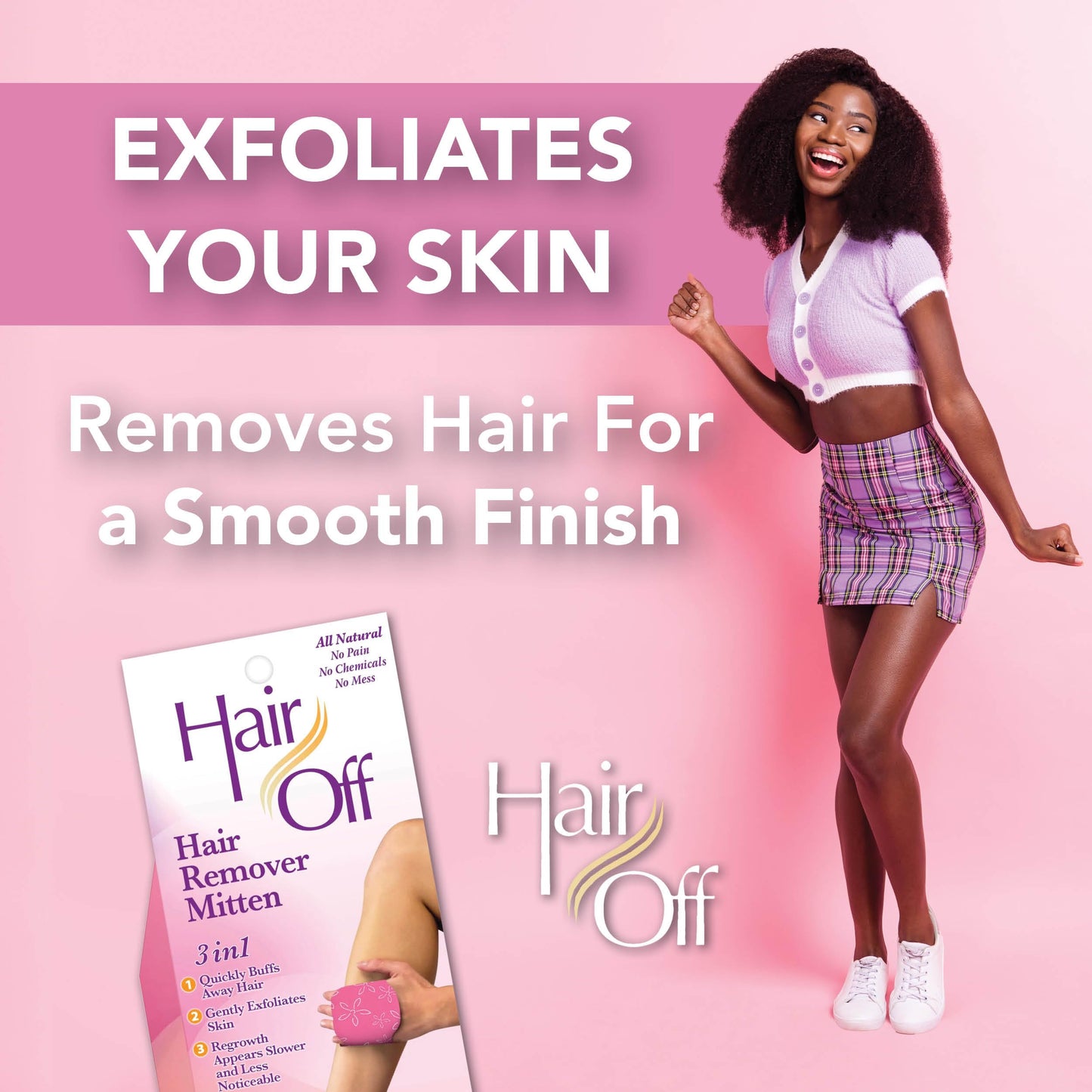 Hair Off Hair Remover Mitten - All-Natural, Painless & Chemical Free - Full Body Hair Removal - Slows & Lessens Regrowth - Exfoliates Skin (3 Mittens