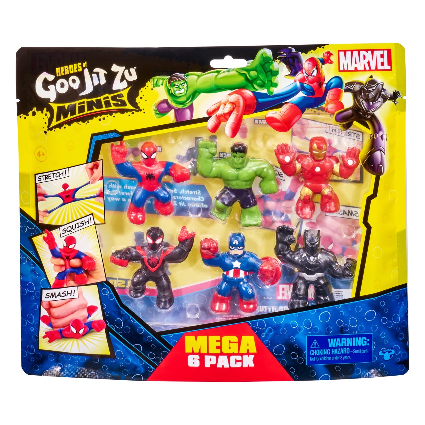 Heroes of Goo Jit Zu Marvel Mega Mini 6-Pack – Squishy Stretchy Gooey Heroes: Iron Man, Spider-Man, Captain America, Hulk, Miles & Black Panther