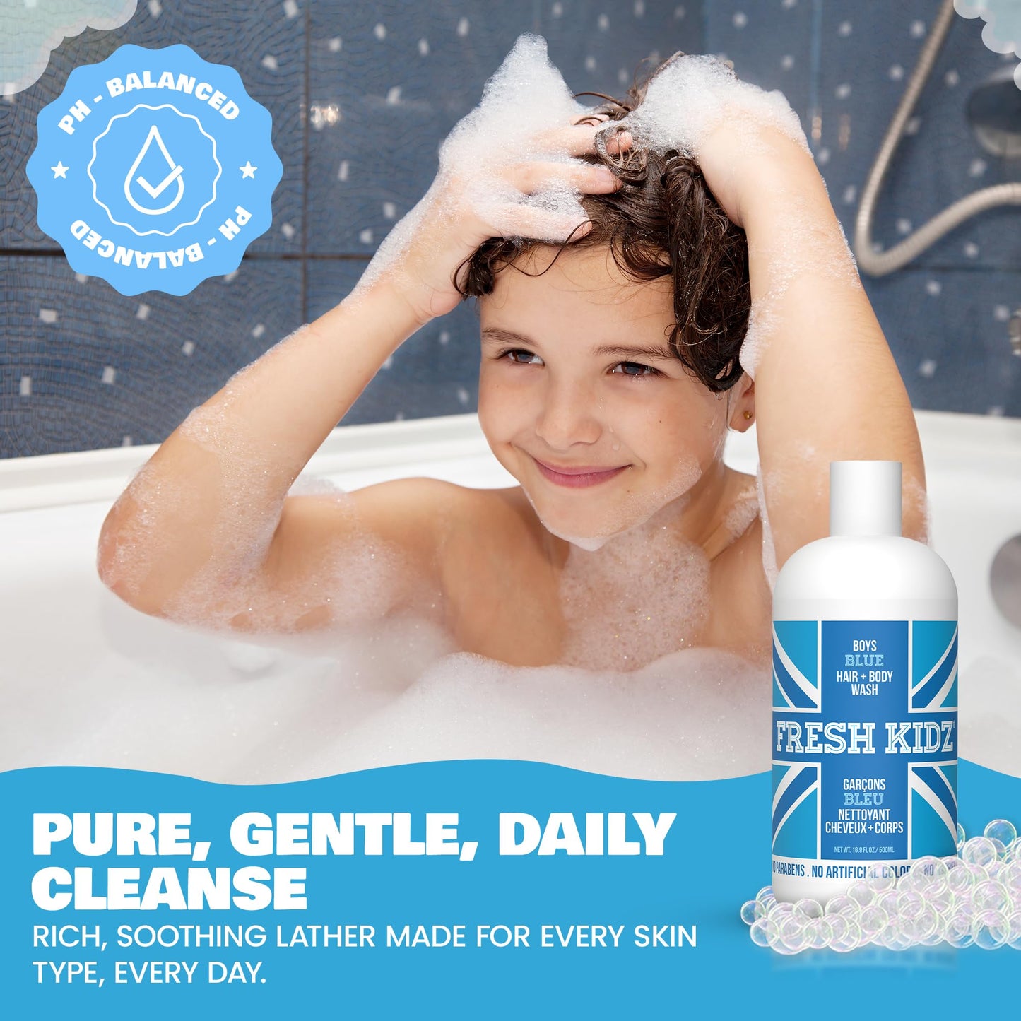 Fresh Kidz Hair & Body Wash for Kids and Teens - Gentle Bath and Shower Cleanser for All Skin Types - Boys Blue, 16.9 Fl.Oz.