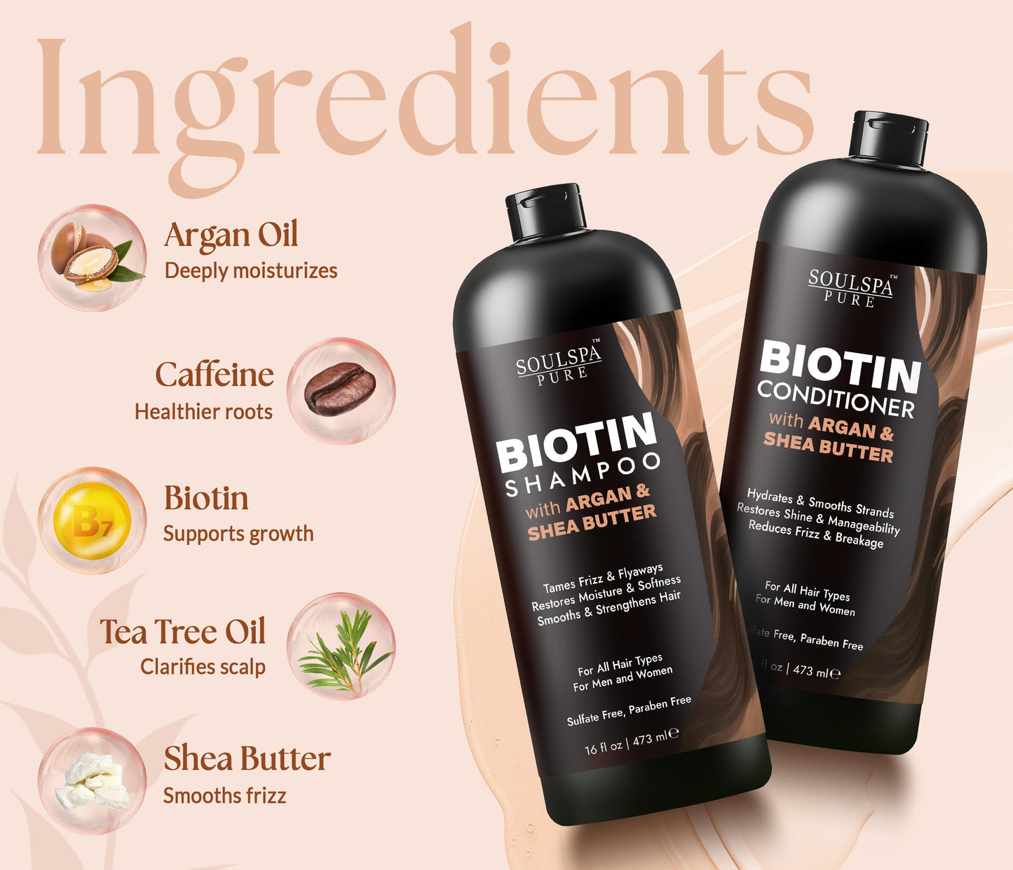 SOULSPA PURE Biotin Argan Oil Shampoo and Conditioner Set - Shea Butter Moisturizing Formula for Curly, Dry & Damaged Hair - Deep Hydration for Men