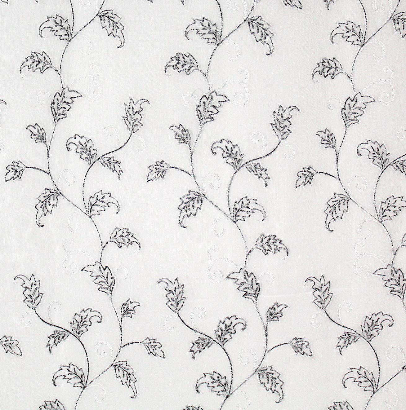 SERAFINA Decorative Sheer Fabric Shower Curtain: Two Toned Grey and White Embroidered Leaves with Metallic Threading (White/Grey) 70 x 72