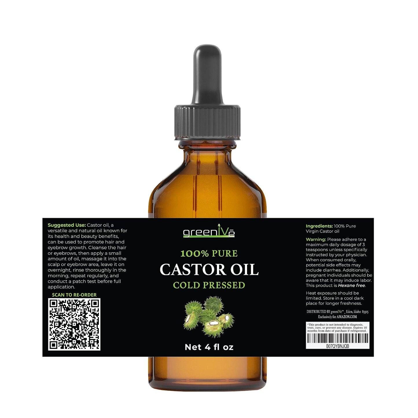 GreenIVe Castor Oil 100% Pure 4 fl oz Bottle Cold Pressed, Hexane Free, Eyelash and Eyebrow Growth Serum, Skin Moisturizer Detox and Wraps