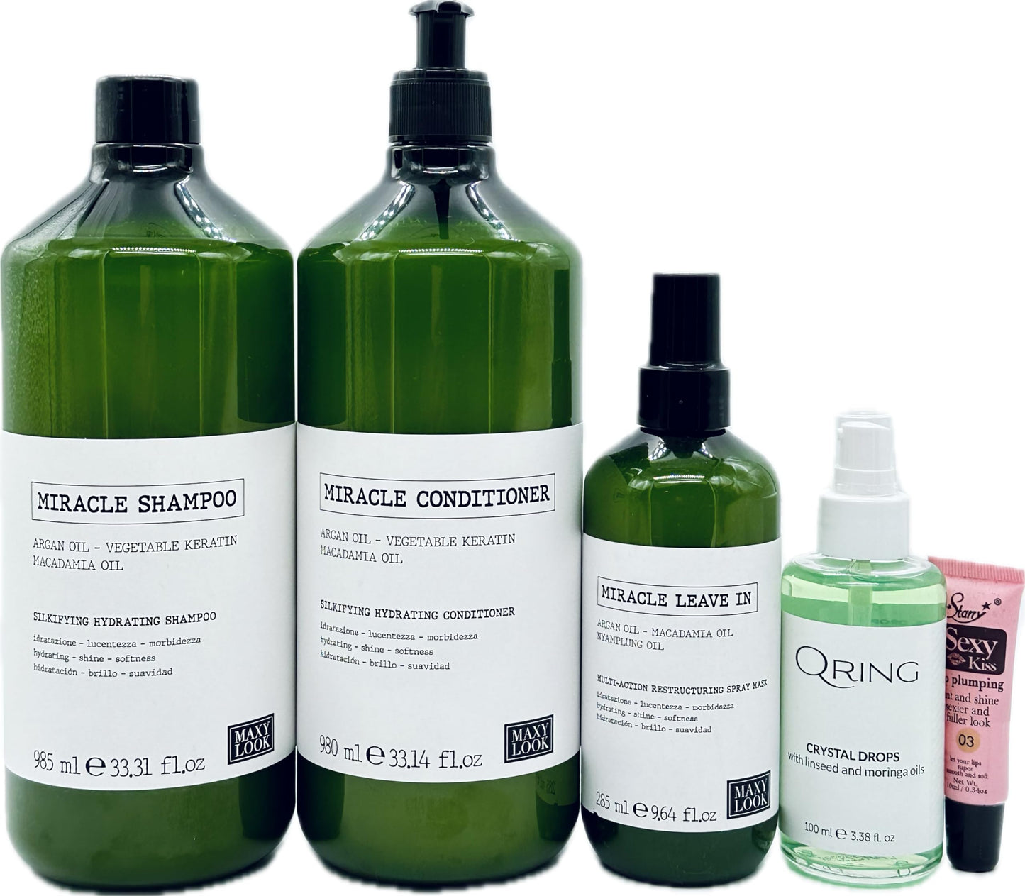 Maxy Look MIracle Silkifying Hydrating Shampoo and Conditioner 33.31 fl oz/985ml + Miracle Leave in Spray Mask 9.64 fl oz + Qring Crystal Drops 3.38
