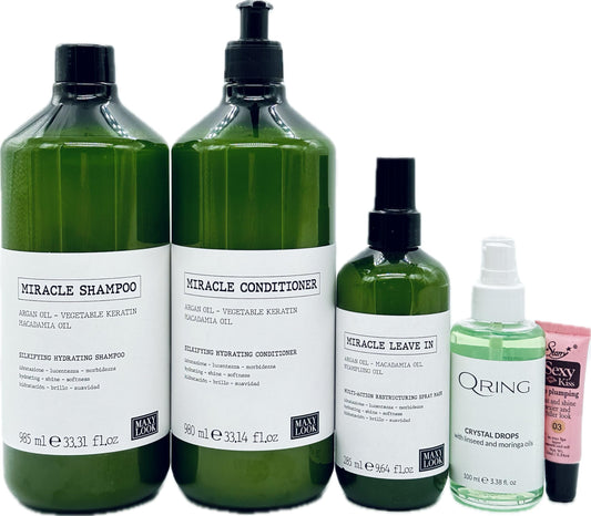 Maxy Look MIracle Silkifying Hydrating Shampoo and Conditioner 33.31 fl oz/985ml + Miracle Leave in Spray Mask 9.64 fl oz + Qring Crystal Drops 3.38