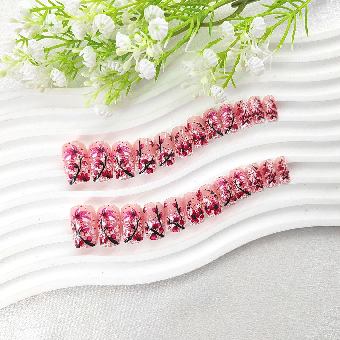 Medium Press on Nails Square Acrylic Nails Press ons Pink Full Cover Fake Nails with Plum Blossom Design Snow Glue on Nails Glossy False Nails Winter Beauty and Personal Care SRIMNUYY