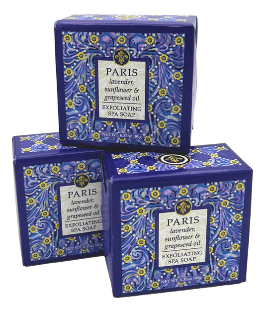 Greenwich Bay Trading Co., Paris Exfoliating Spa Soap, Set of 3 Square Bars, 6.35 Ounces Each