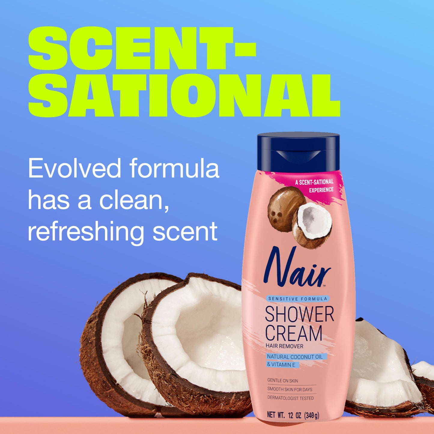 Nair Sensitive Shower Cream Hair Remover with Natural Coconut Oil and Vitamin E, Body Hair Removal Cream, 12 oz