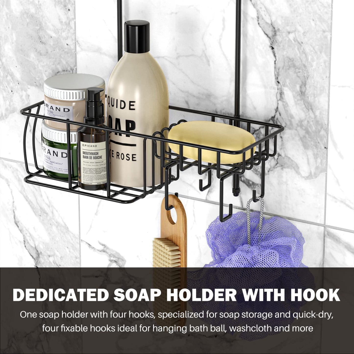 Epicano Shower Caddy Hanging, Anti-Swing Over Head Shower Caddy Rustproof with Hooks for Towels, Sponge and More, Matte Black