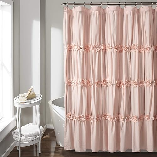 Lush Decor Darla Ruched Floral Bathroom Shower Curtain, 72” x 72”, Blush