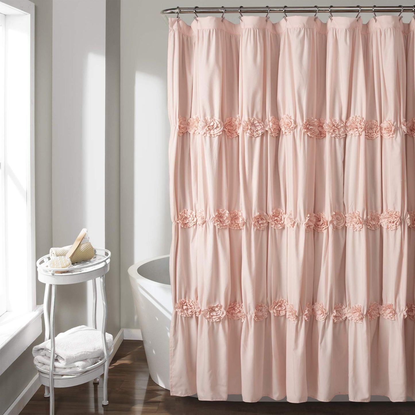 Lush Decor Darla Ruched Floral Bathroom Shower Curtain, 72” x 72”, Blush