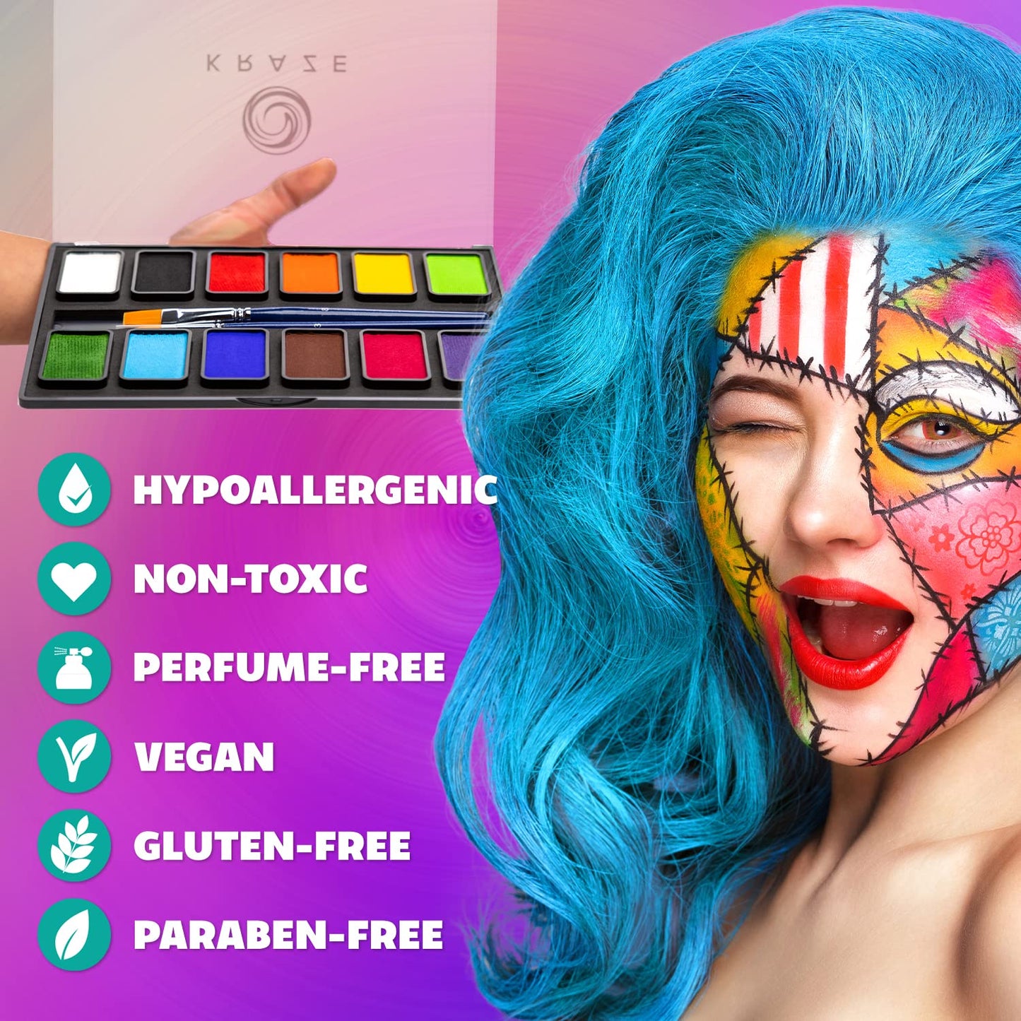 Kraze FX Basic Party Professional Face Paint Palette (12 x 10 gm) - Water Activated, Hypoallergenic, Safe, Non Toxic Body Paint Makeup Cosplay SFX
