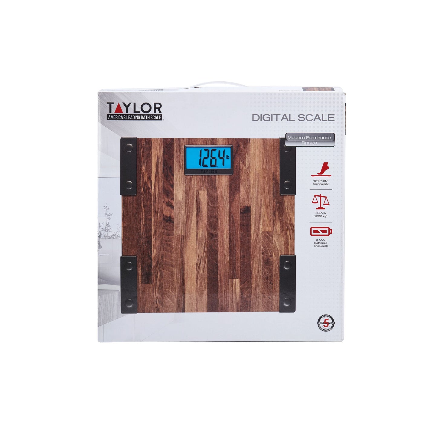 Taylor Digital Scales for Body Weight, Extra High Accurate 440 LB Capacity, Unique Blue LCD, Farmhouse Look, Auto On and OffScale, 12.4 x 12.4…